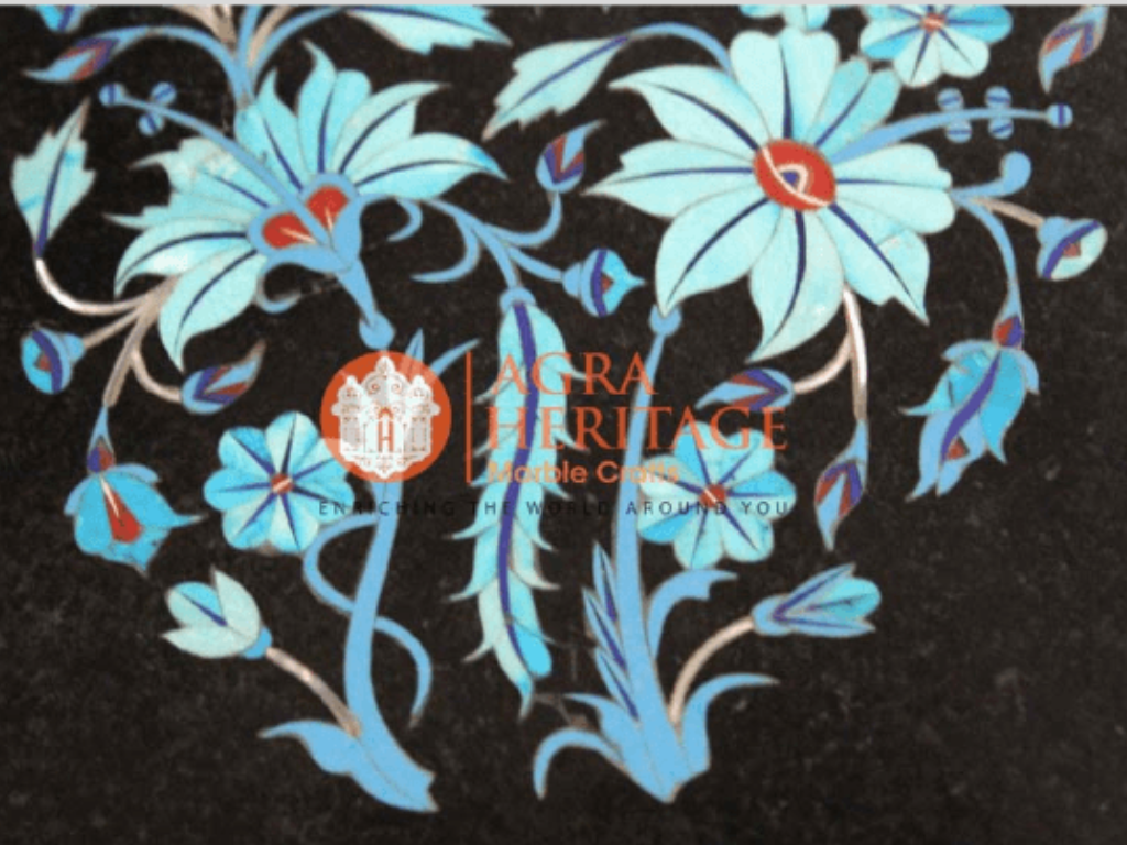 Black Marble Turquoise inlay Floral Art Dish Plate